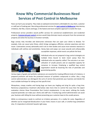 Know Why Commercial Businesses Need Services of Pest Control in Melbourne