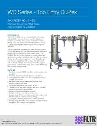 WD Series – Top Entry DuPlex Bag Filter Housings