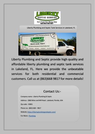 Liberty Plumbing and Septic Tank Services in Lakeland, FL