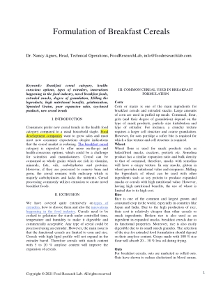 Formulation of Breakfast Cereals | Foodresearchlab