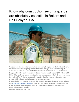 Know why construction security guards are absolutely essential in Ballard and Bell Canyon, CA