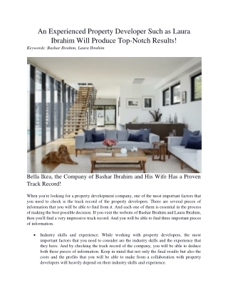 An Experienced Property Developer Such as Laura Ibrahim Will Produce Top-Notch Results!