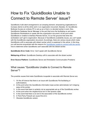 How to Fix ‘QuickBooks Unable to Connect to Remote Server’ issue