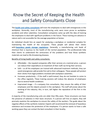 Know the Secret of Keeping the Health and Safety Consultants Close