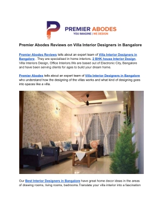 Premier Abodes Reviews on Villa Interior Designers in Bangalore