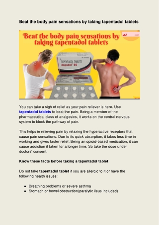 Beat the body pain sensations by taking tapentadol tablets
