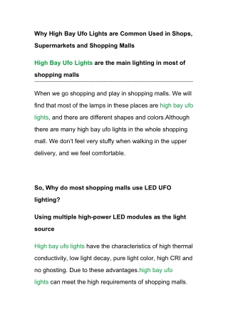 Why High Bay Ufo Lights are Common Used in Shops, Supermarkets and Shopping Malls