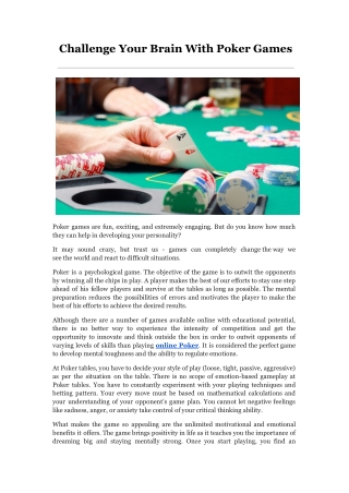 Challenge Your Brain With Poker Games