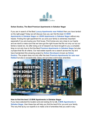 Sohan Exotica, The Best Premium Apartments in Sahakar Nagar