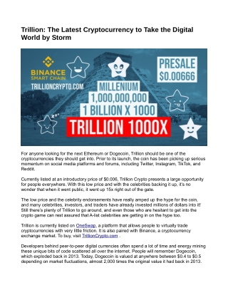Trillion-The Latest Cryptocurrency to Take the Digital World by Storm