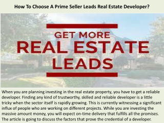 How To Choose A Prime Seller Leads Real Estate Developer?