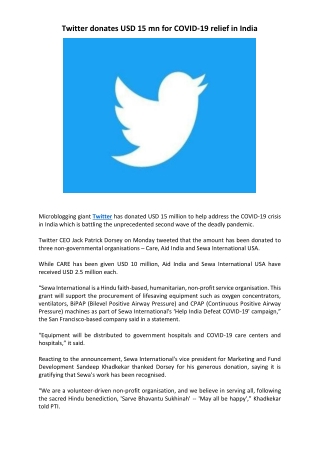 Twitter donates USD 15 mn for COVID-19 relief in India