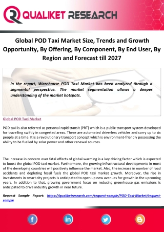 Global POD Taxi Market Size, Trends and Growth Opportunity, By Offering, By Component, By End User, By Region and Foreca