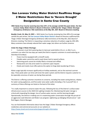 San Lorenzo Valley Water District Reaffirms Stage 2 Water Restrictions Due to 'Severe Drought' Designation in Santa Cruz