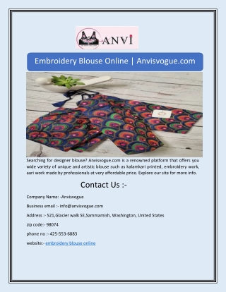 Embroidery Blouse Online | Anvisvogue.com