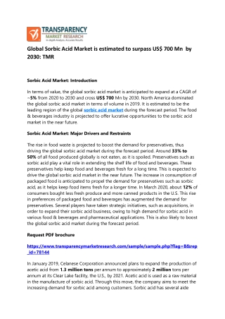 Global Sorbic Acid Market is estimated to surpass US$ 700 Mn  by 2030: TMR