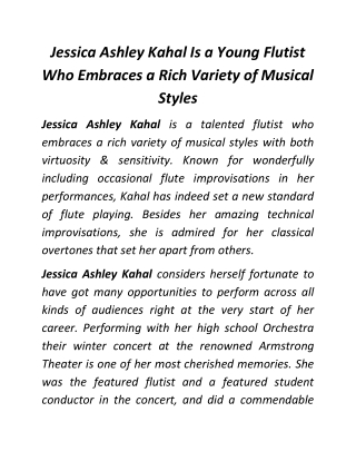 Jessica Ashley Kahal Is a Young Flutist Who Embraces a Rich Variety of Musical Styles