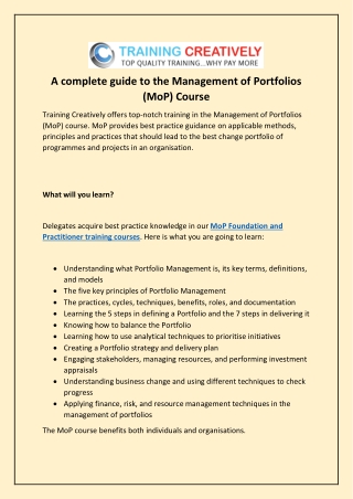 A complete guide to the Management of Portfolios