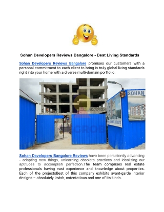 Sohan Developers Reviews Bangalore - Best Living Standards