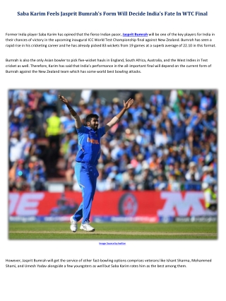 Saba Karim Feels Jasprit Bumrah’s Form Will Decide India’s Fate In WTC Final