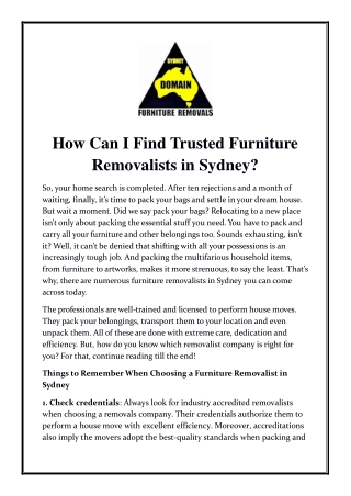 How Can I Find Trusted Furniture Removalists in Sydney?