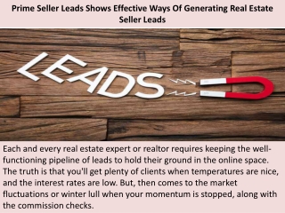 Prime Seller Leads Shows Effective Ways Of Generating Real Estate Seller Leads