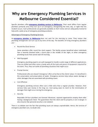 Why are Emergency Plumbing Services in Melbourne Considered Essential?