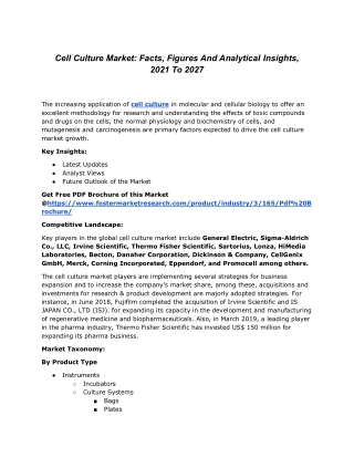 Cell Culture Market To Showcase Vigorous Demand During The Period Until 2027