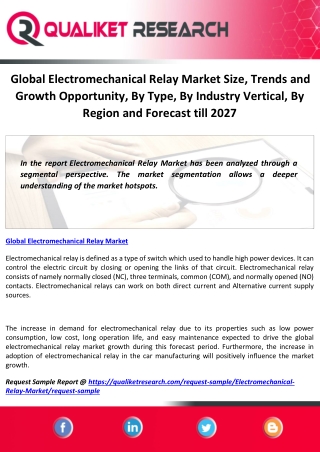 Global Electromechanical Relay Market Size, Trends and Growth Opportunity, By Type, By Industry Vertical, By Region and