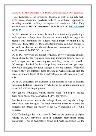 Looking for the Most Efficient 5v to 12v DC DC Converter? Contact HVM Technology