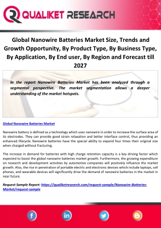 Global Nanowire Batteries Market Size, Trends and Growth Opportunity, By Product Type, By Business Type, By Application,