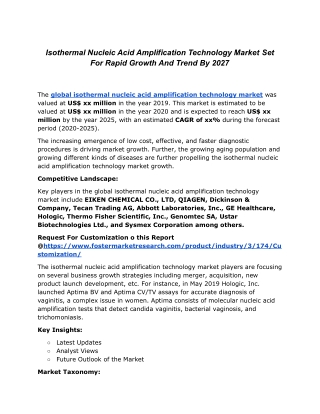 Isothermal Nucleic Acid Amplification Technology Market Set For Rapid Growth