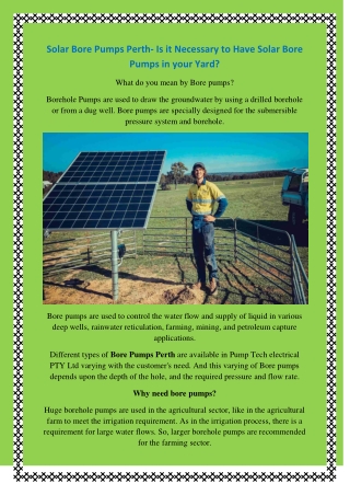 Solar Bore Pumps Perth- Is it Necessary to Have Solar Bore Pumps in your Yard