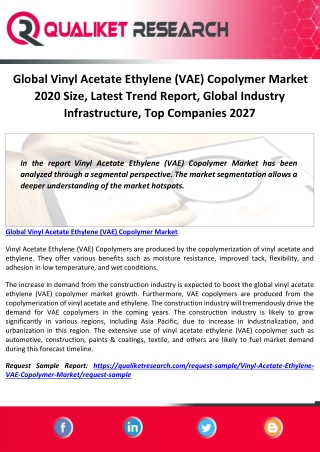 Global Vinyl Acetate Ethylene (VAE) Copolymer Market 2020 Size, Latest Trend Report, Global Industry Infrastructure, Top