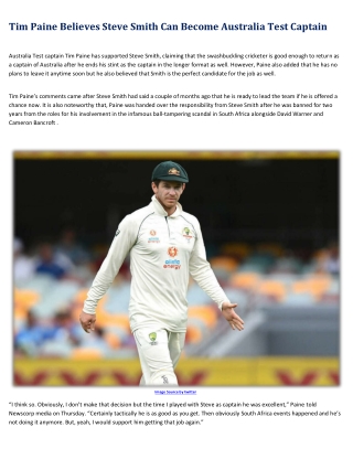 Tim Paine Believes Steve Smith Can Become Australia Test Captain