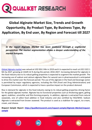 Global Alginate Market Size, Trends and Growth Opportunity, By Product Type, By Business Type, By Application, By End us