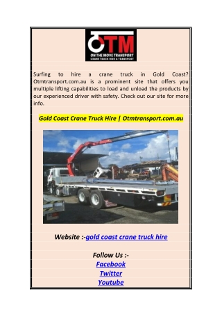 Gold Coast Crane Truck Hire  Otmtransport.com.au