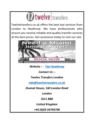 Taxi Heathrow | Twelvetransfers.co.uk