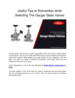 Useful Tips to Remember while Selecting The Gauge Glass Valves