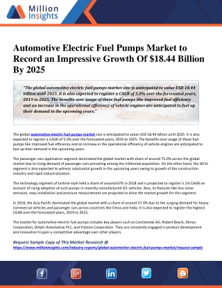 Automotive Electric Fuel Pumps Market to Record an Impressive Growth Of $18.44 Billion By 2025