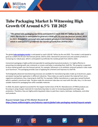 Tube Packaging Market Is Witnessing High Growth Of Around 6.5% Till 2025