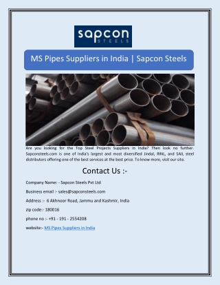 MS Pipes Suppliers in India | Sapcon Steels