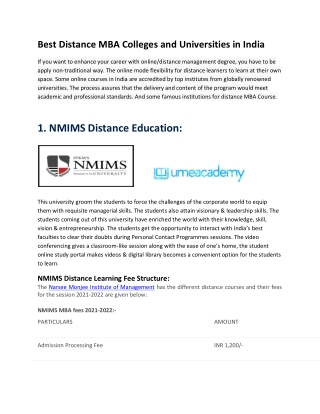 Best Distance MBA Colleges and Universities in India