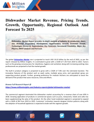 Dishwasher Market Emerging Trends, Application Scope, Size, Status, Analysis