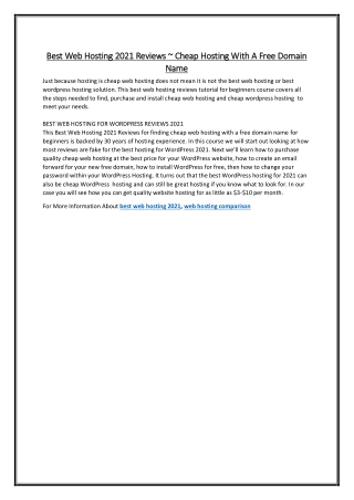 Best Web Hosting 2021 Reviews ~ Cheap Hosting With A Free Domain Name