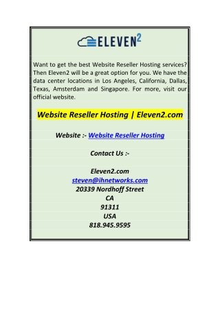 Website Reseller Hosting  Eleven2.com