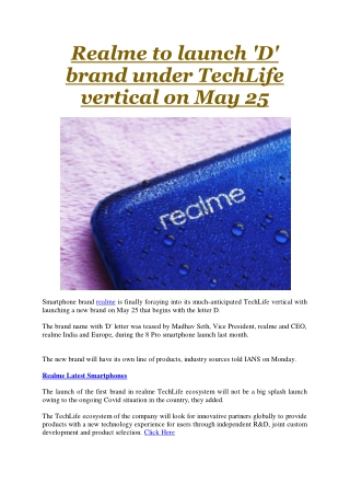 Realme to launch 'D' brand under TechLife vertical on May 25