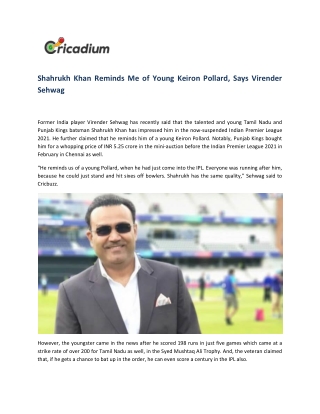 Shahrukh Khan Reminds Me of Young Keiron Pollard, Says Virender Sehwag