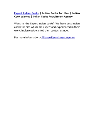 Expert Indian Cooks - Indian Cooks For Hire - Indian Cook Wanted - Indian Cooks Recruitment Agency