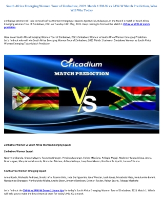 South Africa Emerging Women Tour of Zimbabwe, 2021 Match 1 ZM-W vs SAW-W Match Prediction, Who Will Win Today